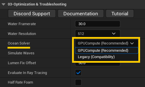 Ocean Solver dropdown in the Details panel